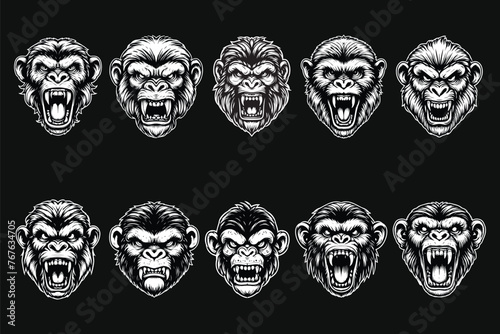 Dark Art Angry Beast Monkey Head with Sharp Fang Black and White Illustration