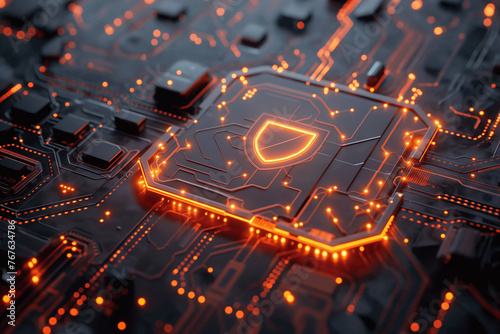 Cyber Security Defense: High-Tech Shield on Circuit Board