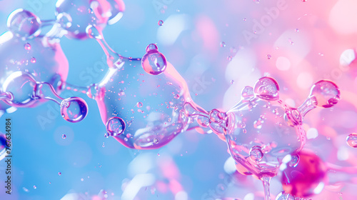 molecules on pink blue background. Abstract molecule model. Scientific research in molecular chemistry. Collagen Skin Serum, hyaluronic acid, peptides cosmetics skin care cosmetics solution, perfume