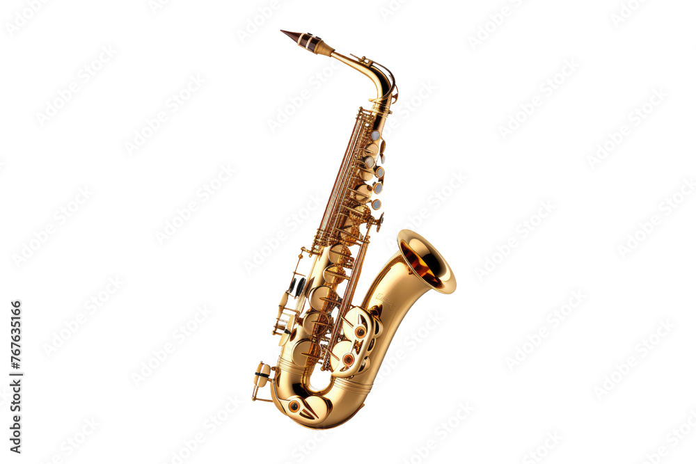 Fototapeta premium Harmonic Elegance: Saxophone Soaring Against Pure White Canvas. On White or PNG Transparent Background.