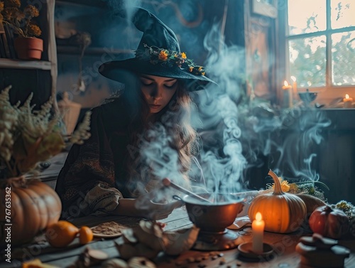 Alone, shrouded by twilight, a witch practices herbal magic, creating an enchanting concoction