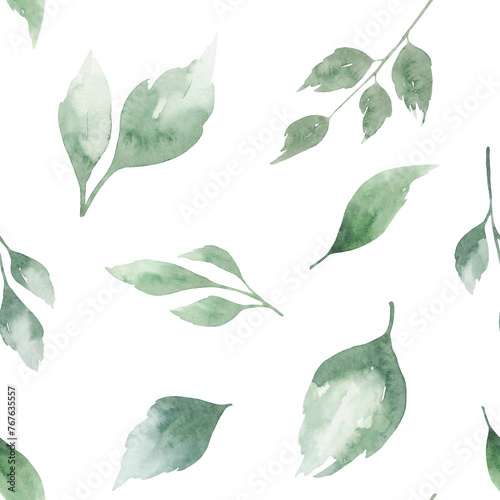 Seamless background, wallpaper with watercolor green leaves on a white background, hand-drawn. Pattern template for design, decoration, fabric, wrapping paper. Botanical illustration 