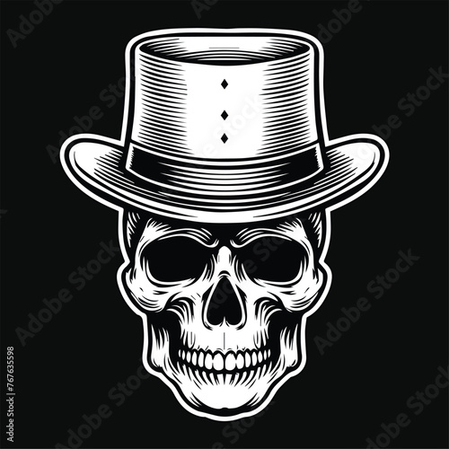 Dark Art Magician Skull Head with Hat Black and White Illustration © morspective