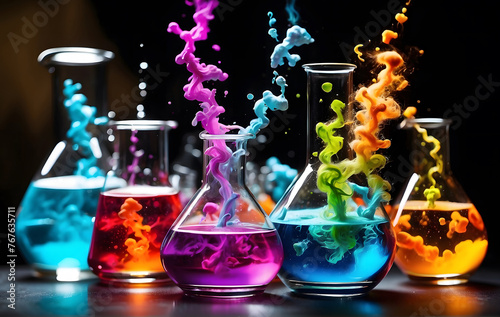  vivid chemical reaction occurring in a laboratory beaker