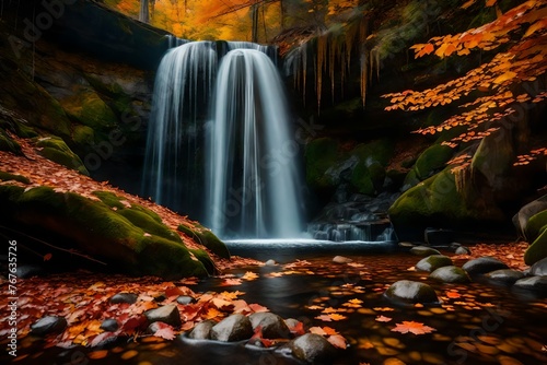 Gorgeous waterfall view with fall colors. A scene from nature deep within the forest. A glimpse of nature in the fall