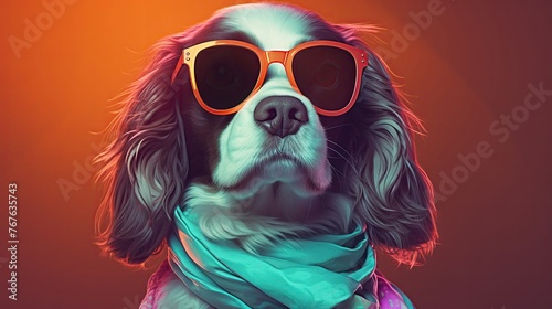 Anthony Burrillstyle Cavalier dog portrait, neon square goggles and bright scarf, enveloped in retro pastel elegance © Rungkan
