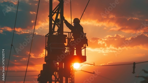A man is working on a power line at sunset