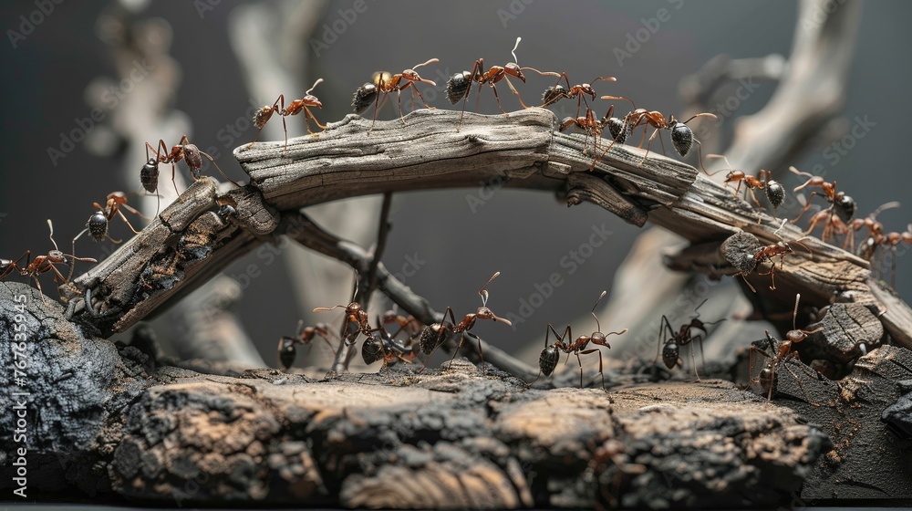 An ant bridge made of wooden pieces - obrazy, fototapety, plakaty 