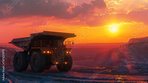 Industrial Mining Scene: Giant Truck Operating at Sunset photo