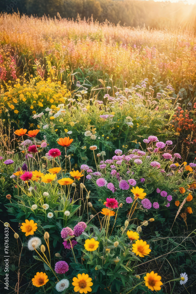 meadow flowers in early sunny fresh morning. Vintage autumn landscape background. colorful beautiful fall flowers magical
