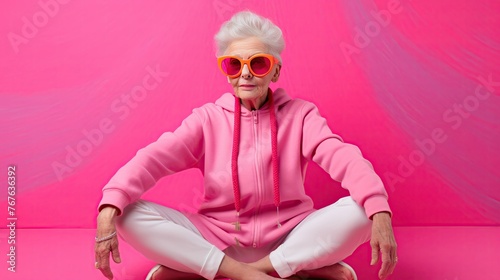 Instagrams coolest grandma, in vibrant pink, captured in 3D, meditating in a yoga pose, simple gray canvas photo