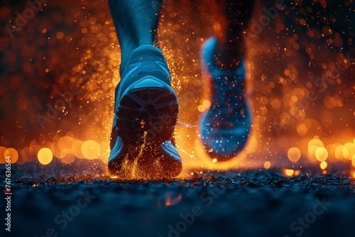 Close-up on a runner's legs showcasing the power fiery energy.