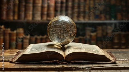 Transparent mystical spheres in books reveal secrets to curious readers. generative AI image