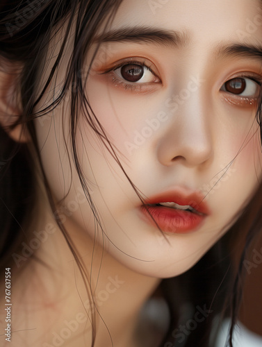 A close-up portrait of an elegant Korean woman, her face adorned with exquisite makeup showcasing the latest beauty trends