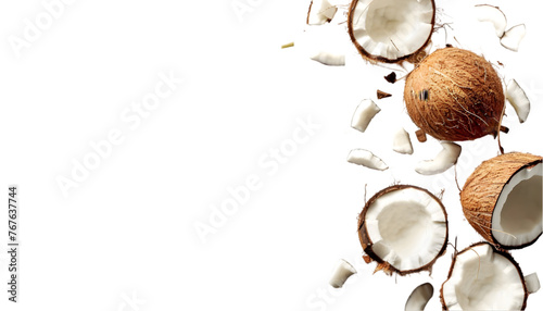 Freshly cut coconut on white transparent background