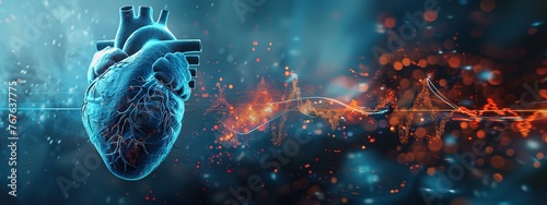 An elongated banner featuring a photorealistic blue-tinted heart with a vivid ECG wave crossing the image. Generative AI