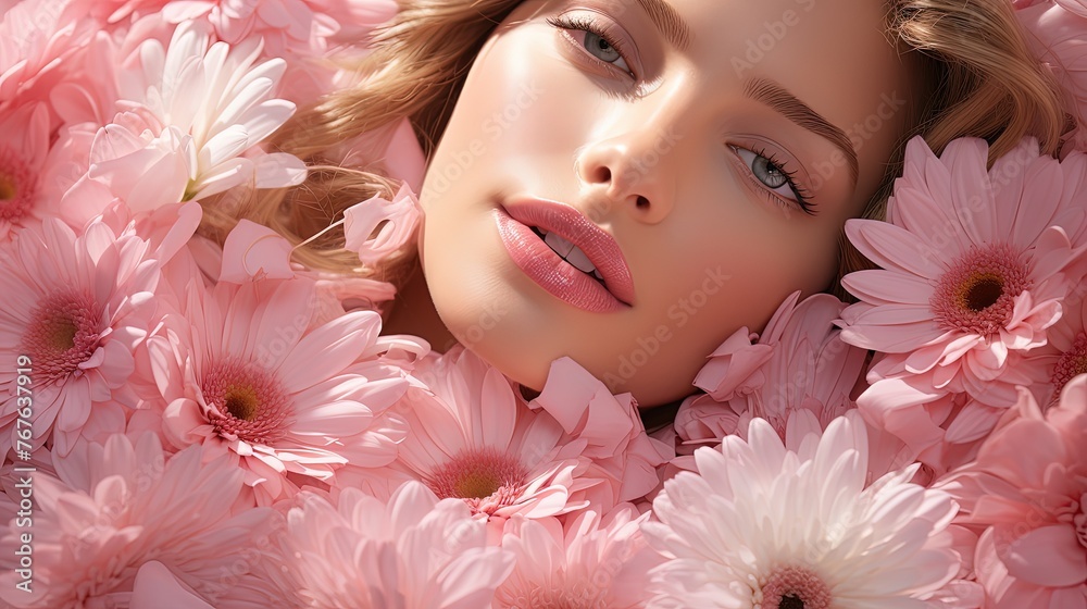Full pink lips amidst a cascade of cherry blossoms, a fusion of nature and feminine allure. Generative AI