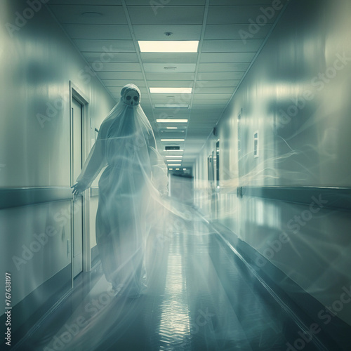 An ethereal figure of a ghost surgeon haunts the corridors of a quarantine zone offering silent help to those affected by the epidemic