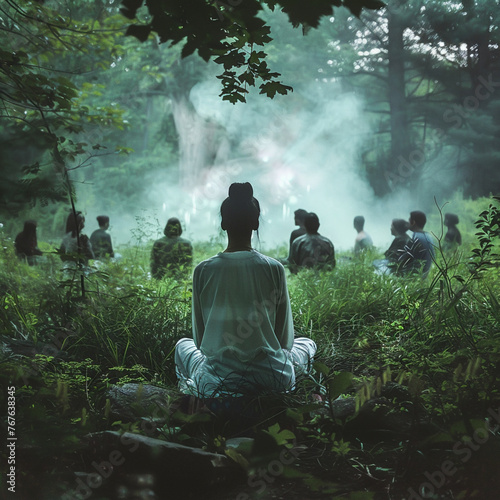 In a serene garden a paranormal therapist guides a group through meditation © enterdigital
