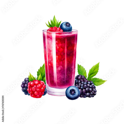 Watercolor illustration of mixed berry juice in glass serving, clipart, food, drink, raspberry blackberry juice, healthy diet, pink red drink, fruit, cutout on white background
