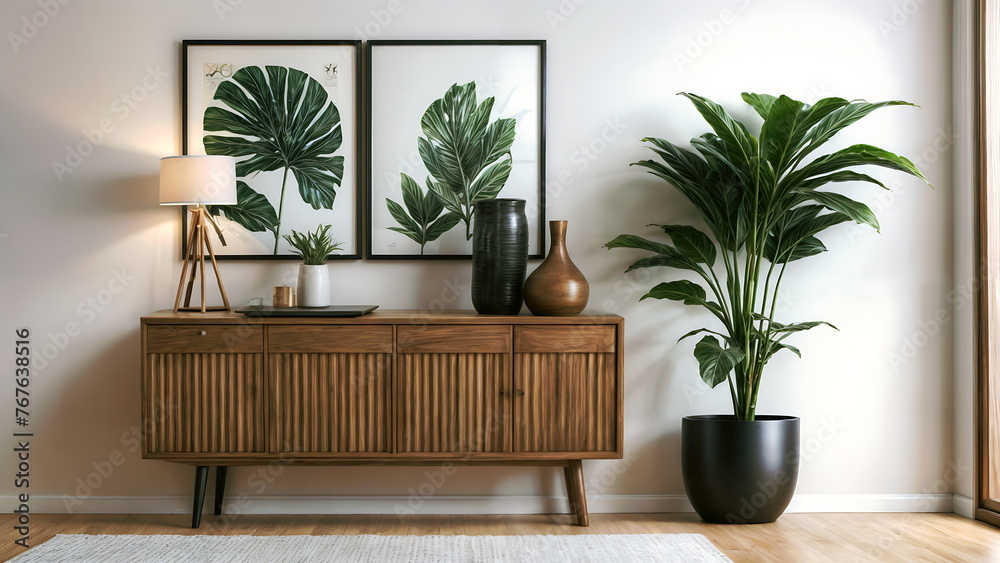 Wooden buffet in front of the wall in a minimalist interior design composition with a white frame. Wooden buffet in front of the wall in a minimalist interior design composition with a white frame.
