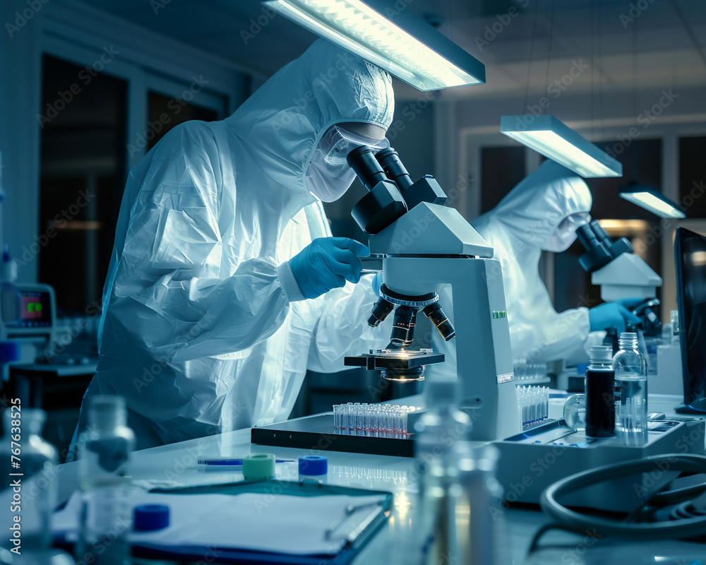 Scientists in a secure lab wearing hazmat suits study the effects of potential antivirals on zombified cells under a microscope Scientists in a secure lab wearing hazmat suits study the effects of potential antivirals on zombified cells under a microscope