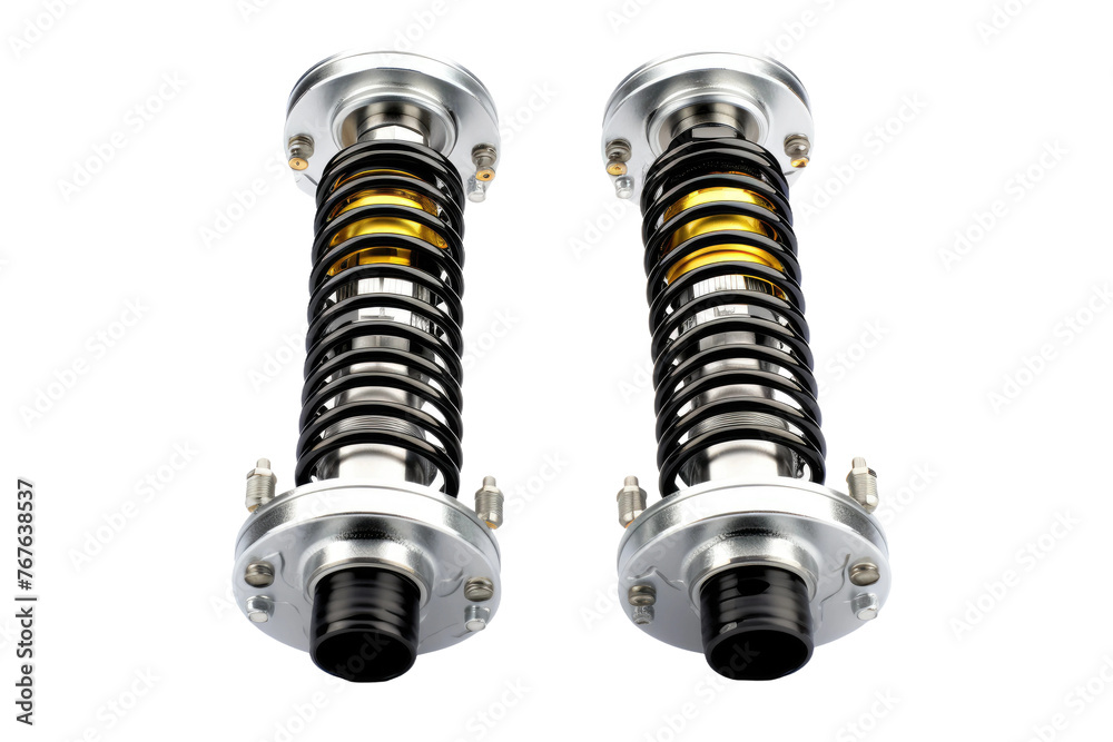 A Duet of Suspension: Front and Rear Shocks. On White or PNG Transparent Background. A Duet of Suspension: Front and Rear Shocks. On White or PNG Transparent Background.