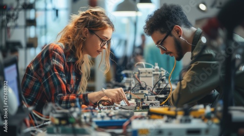 Young engineering students collaborate on an electronics project in a technology lab, soldering circuit boards and sharing ideas. AIG41