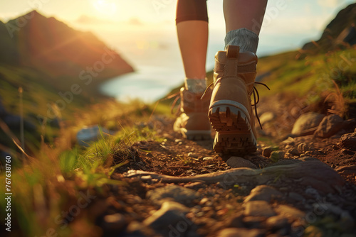 Woman in hiking shoes in the mountains at dawn