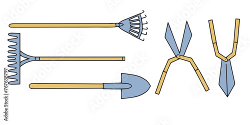 Garden tools linear icons and doodles. Garden rake, garden fork, pruning shears, secateurs, bayonet shovel.Line art isolated on white. Vector 