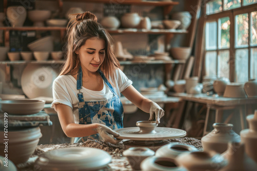 Young woman learning how to create a plate on potter wheel in a workshop. Ceramics store, small business. Beautiful female potter wearing apron working in pottery. Creative hobby, handmade pottery