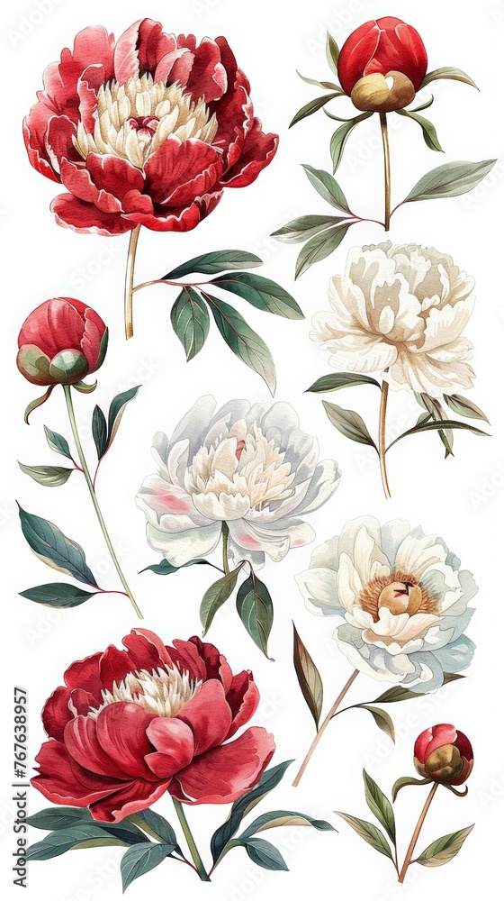 Set vintage watercolor elements of red and white peonies, collection garden flowers, leaves, illustration isolated on white background bud and leaf, peony,  