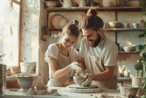 Young couple create pottery sculpture with hands on a pottery wheel from grey clay. Ceramics store, small family business. Pottery workshop, hobby, romantic date. Ceramist teacher