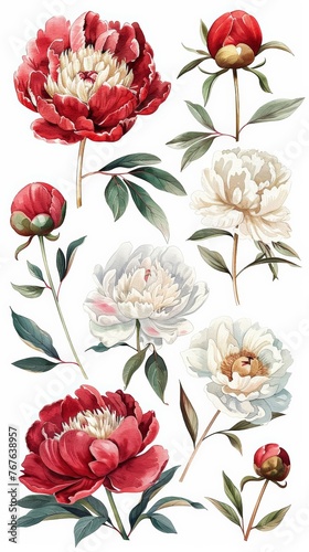Set vintage watercolor elements of red and white peonies  collection garden flowers  leaves  illustration isolated on white background bud and leaf  peony   