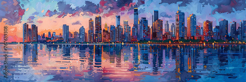 Skyline city view with reflections on water Original oil painting on canvas