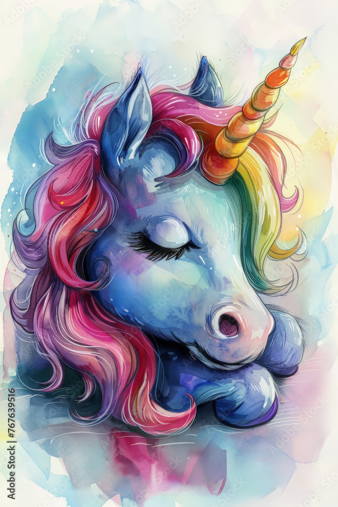 Sleeping baby unicorn portrait in profile watercolour illustration, rainbow animal Kid watercolor character, 