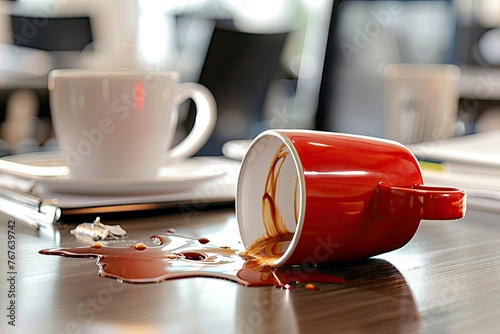A conceptual image of a spilled coffee cup on an office desk, representing everyday workplace accidents,