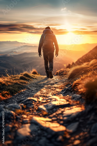Silhouette of a hiker in the mountains against the backdrop of the bright sunset sun