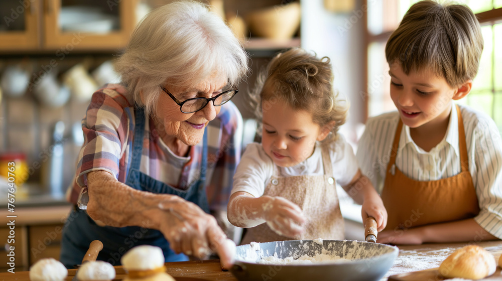 Grandmother teaching her grandchildren how to bake. Grandmother teaching her grandchildren how to bake.