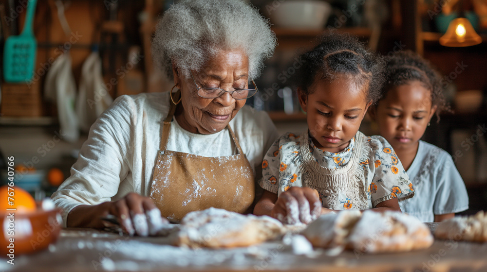 Grandmother teaching her grandchildren how to bake. Grandmother teaching her grandchildren how to bake.