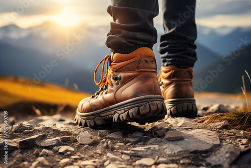 Man in hiking shoes in the mountains at dawn