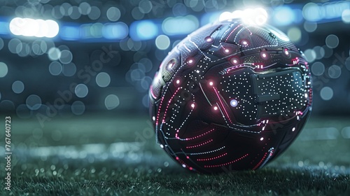 Close-up of a high-tech soccer ball with glowing elements on the grass field, under the bright lights of a stadium at night. Futuristic Smart Soccer Ball on Field at Night

