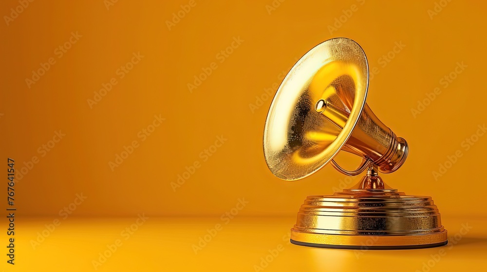 A minimalist golden gramophone trophy image, capturing the essence of a prestigious music award, set against a bright. Generative AI - obrazy, fototapety, plakaty 