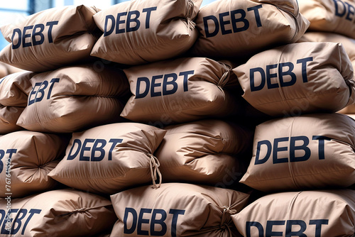 Debt pilling up! Bags of money stacked and piled up. Concept for mounting debt, huge fiscal deficit, growing government spending, IOUs, borrowing on credit, interest rate hike, financially poor. photo