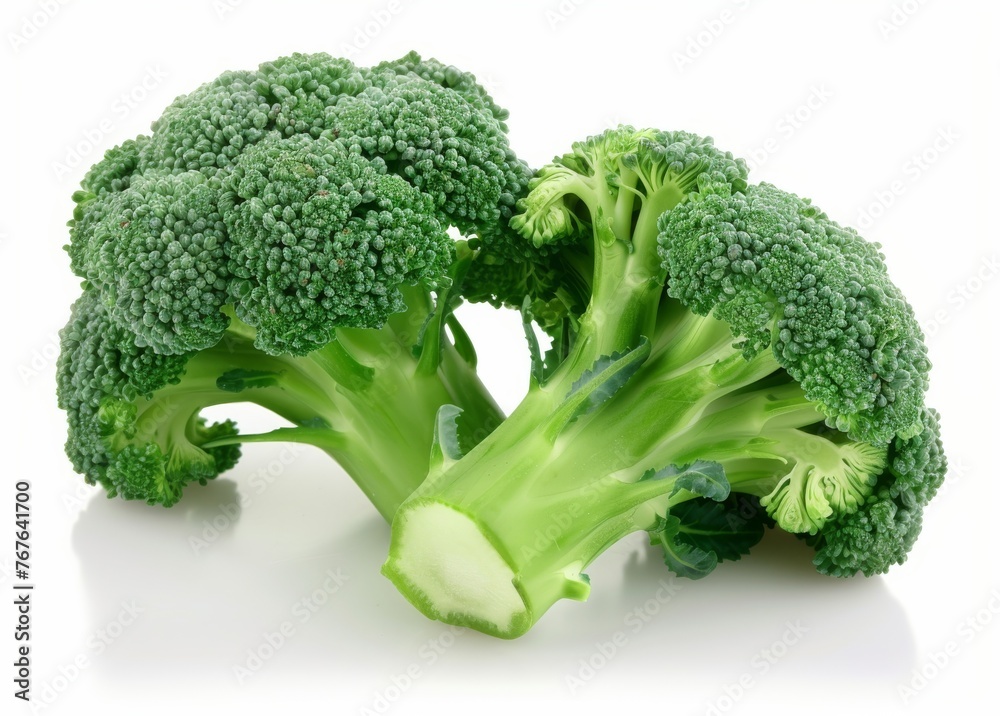 A large green broccoli head sits on a white background A large green broccoli head sits on a white background