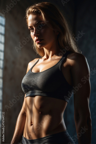 Athletische Frau in Sportbekleidung posiert mit Schattenspie