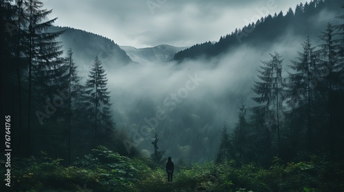 Silhouette of a person in a forest with fog creating a mystical atmosphere. Generative AI photo