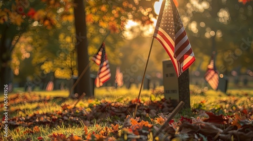 A poignant display of American flags placed at each grave in a war veterans' memorial park, the image capturing a moment of national pride and remembrance. Generative AI