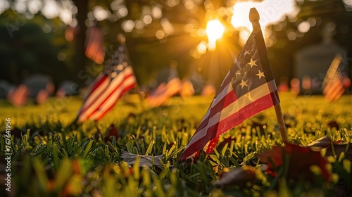 A poignant display of American flags placed at each grave in a war veterans' memorial park, the image capturing a moment of national pride and remembrance. Generative AI