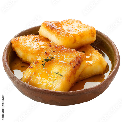 Front View of Kaseri Tiganito with Greek Fried Kaseri Cheese, Often Drizzled with Honey and Sprinkled with Sesame Seeds, Isolated on a White Transparent Background photo